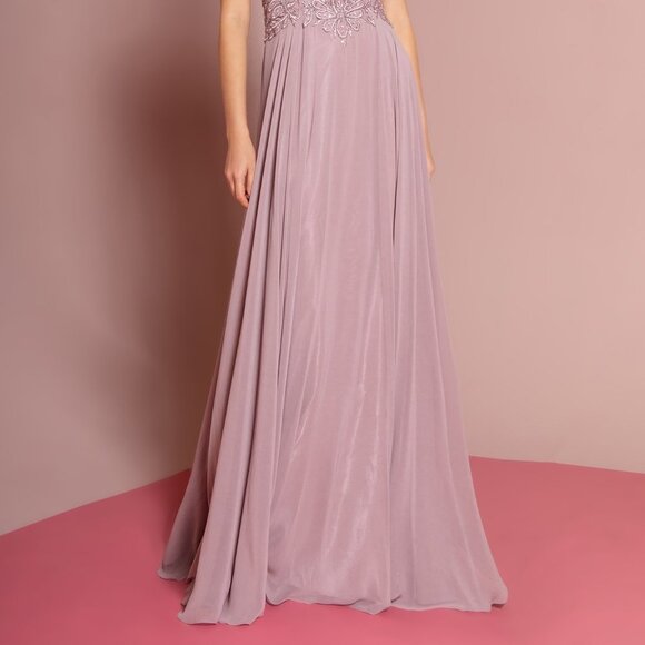 NEW LONG CHIFFON A-LINE DRESS WITH CAP SLEEVES EMBROIDERED WITH LACE GL2683 - Picture 8 of 13